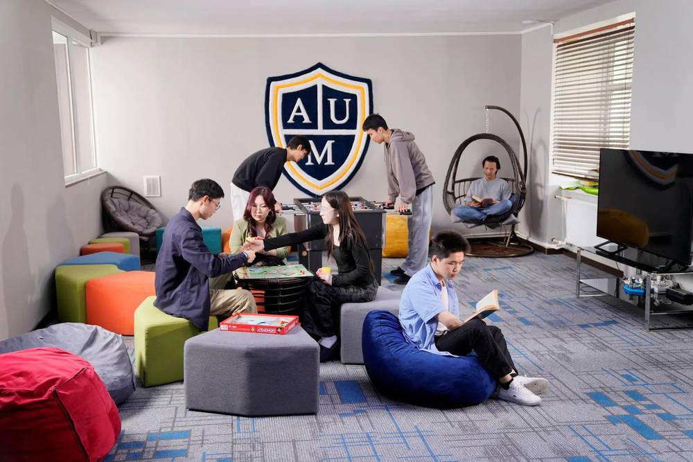 Students relaxing in the lounge with bean bags
